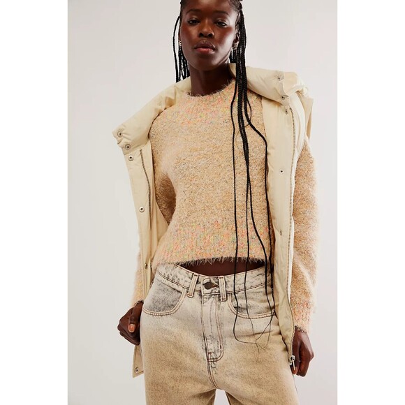 Free People Sweaters - Free People Stardust Pullover Sweater XS Beige Fuzzy Cropped Mock Neck Cozy Boho